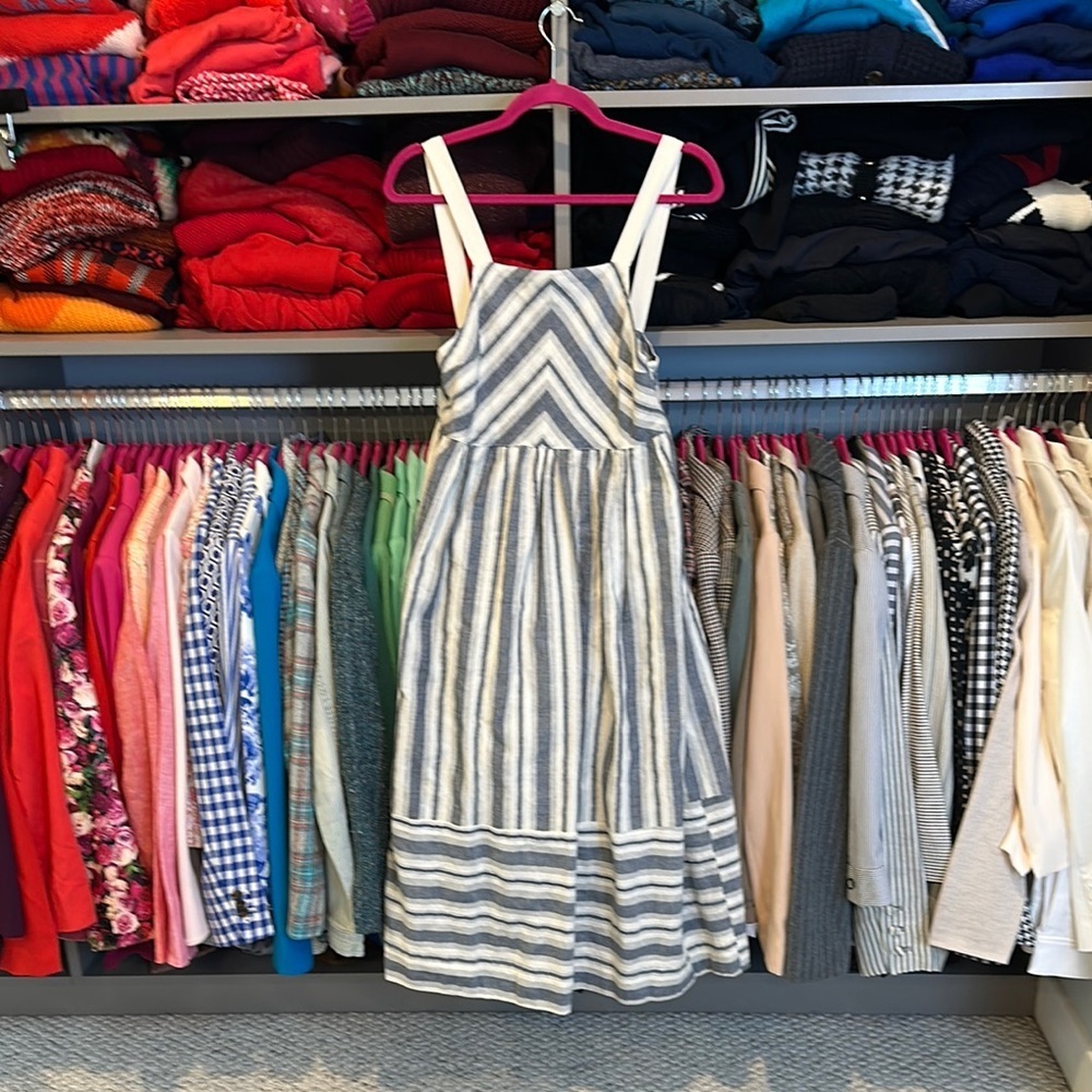 Ciel 100% linen navy and ivory striped lined midi dress size S